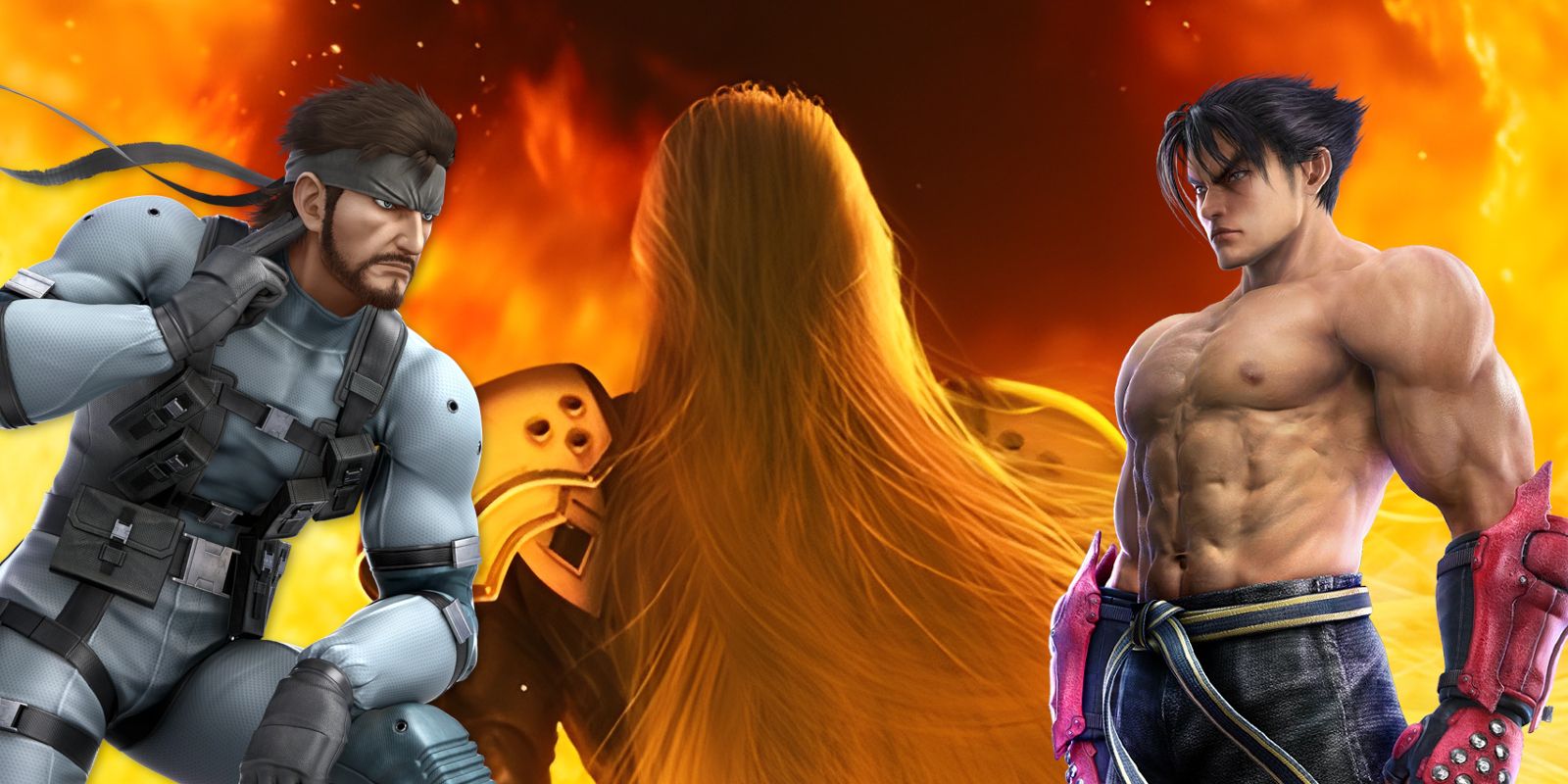 Collage image of Solid Snake, Sephiroth with his back turned, and Jin Kazama
