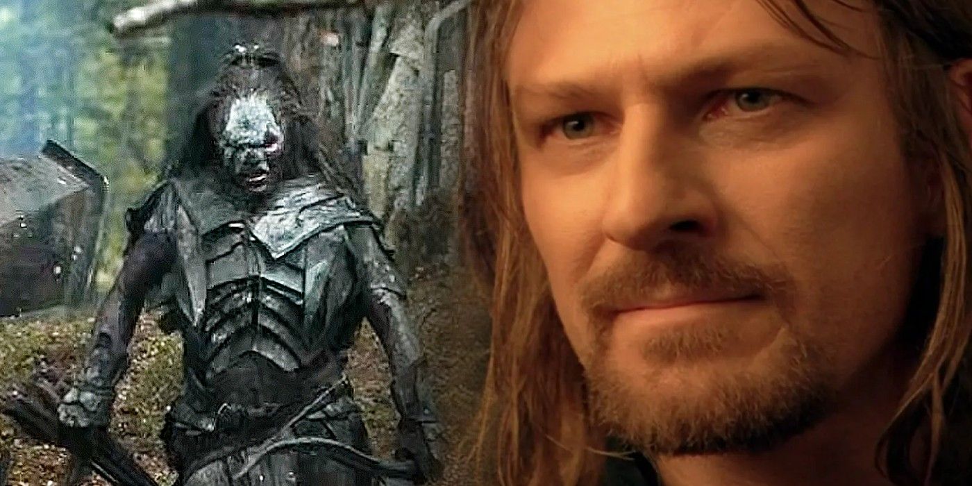 A close up of Boromir in front of the Uruk-hai leader holding a bow