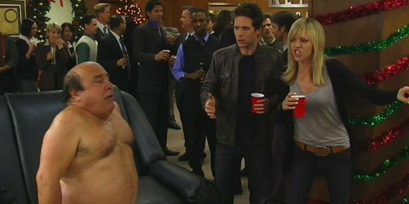 A naked Frank talks to Dennis and Dee at a Christmas party on It's Always Sunny in Philadelphia