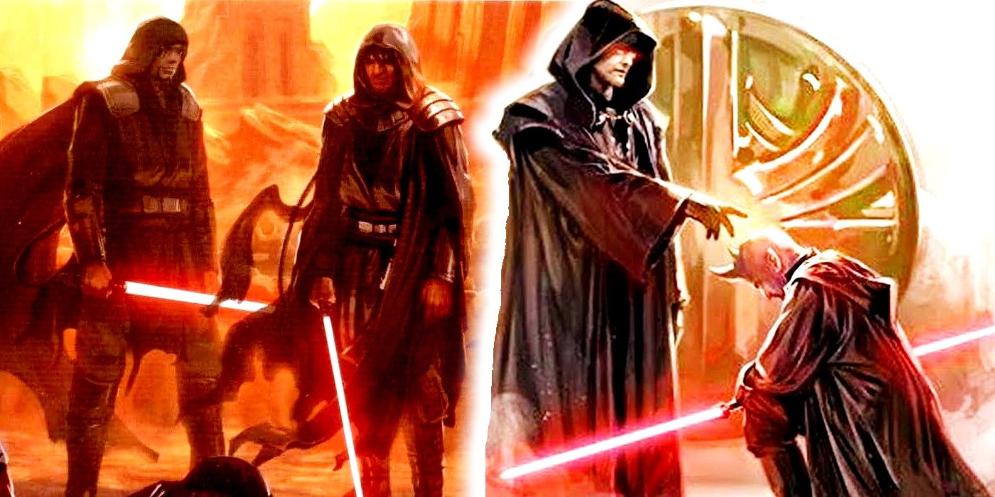 A Sith kneels in front of Ajunta Pall with other Sith Lords in the background