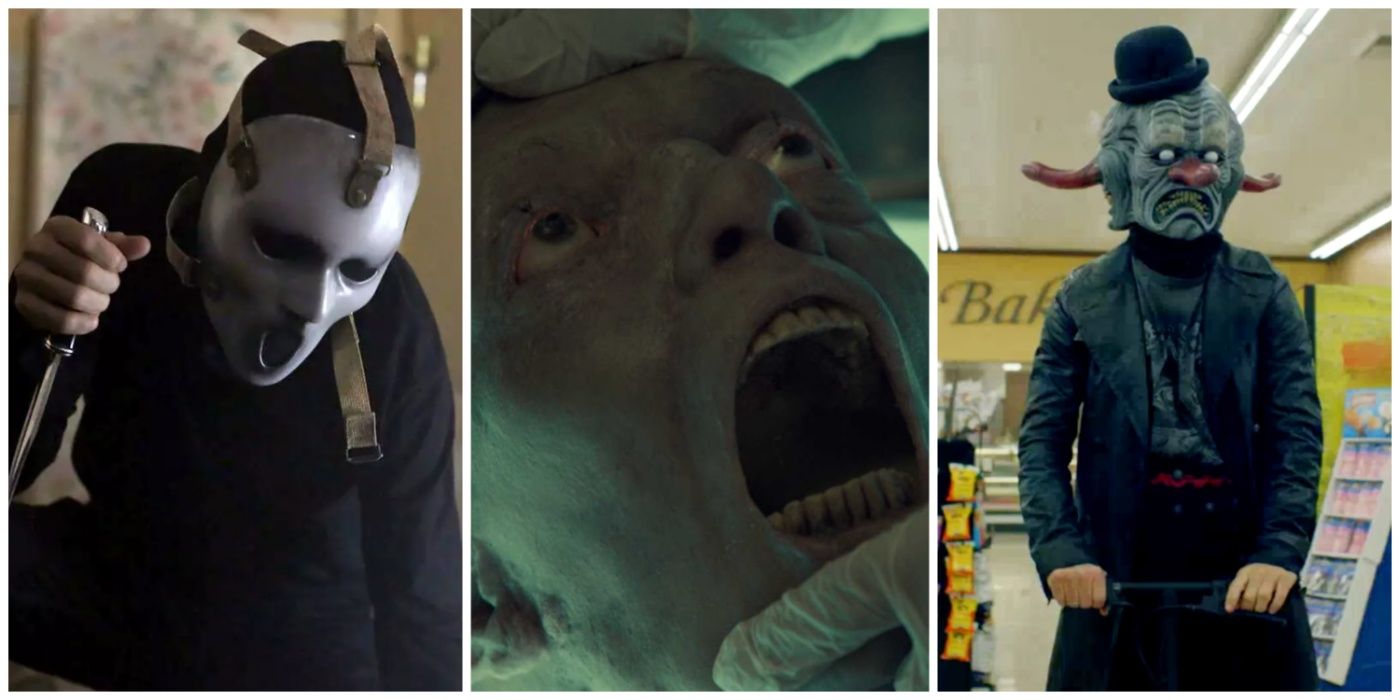 A split image of a clown from American Horror Story, a corpse from Hemlock Grove, and a masked killer from Scream