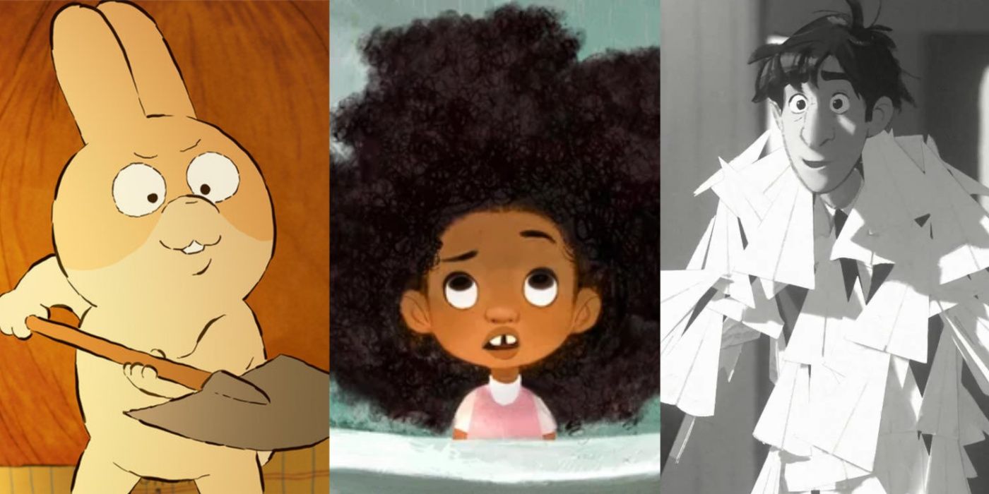A split image of animated short films Burrow, Hair Love, and Paperman