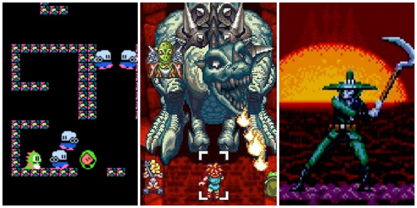 A split image of classic video games Bubble Bobble, Chrono Trigger, and Chakan