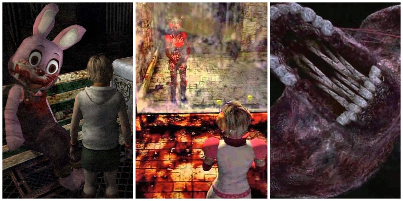 A split image of bunny mascot, Brookhaven blood mirror, and Split Worm boss from Silent Hill 3