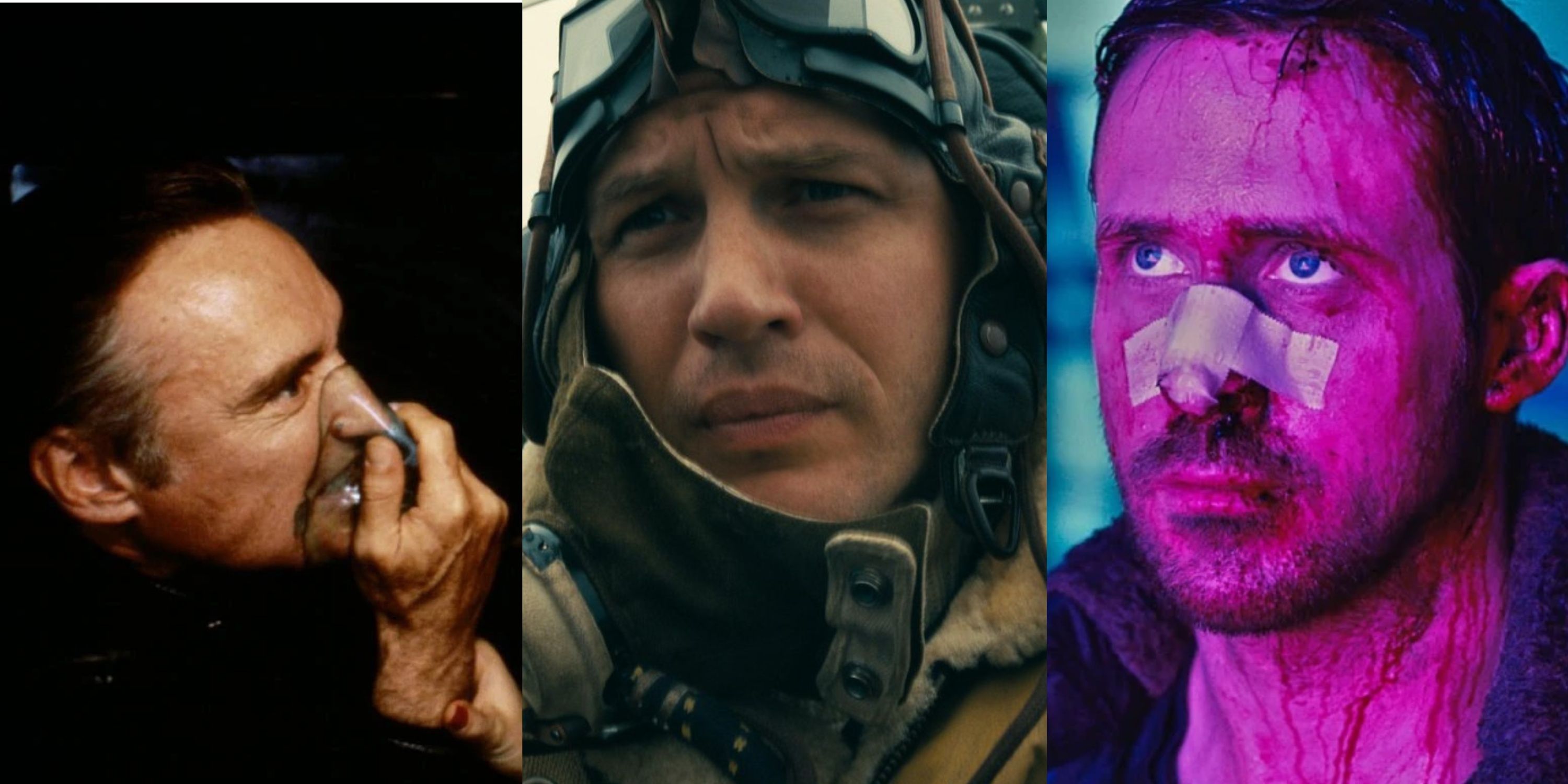 A split image of Dennis Hopper in Blue Velvet, Tom Hardy in Dunkirk, and Ryan Gosling in Blade Runner 2049