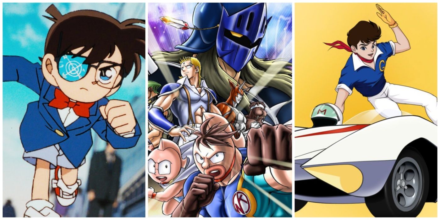 A split image of Detective Conan, Ultimate Muscle, and Speed Racer anime.