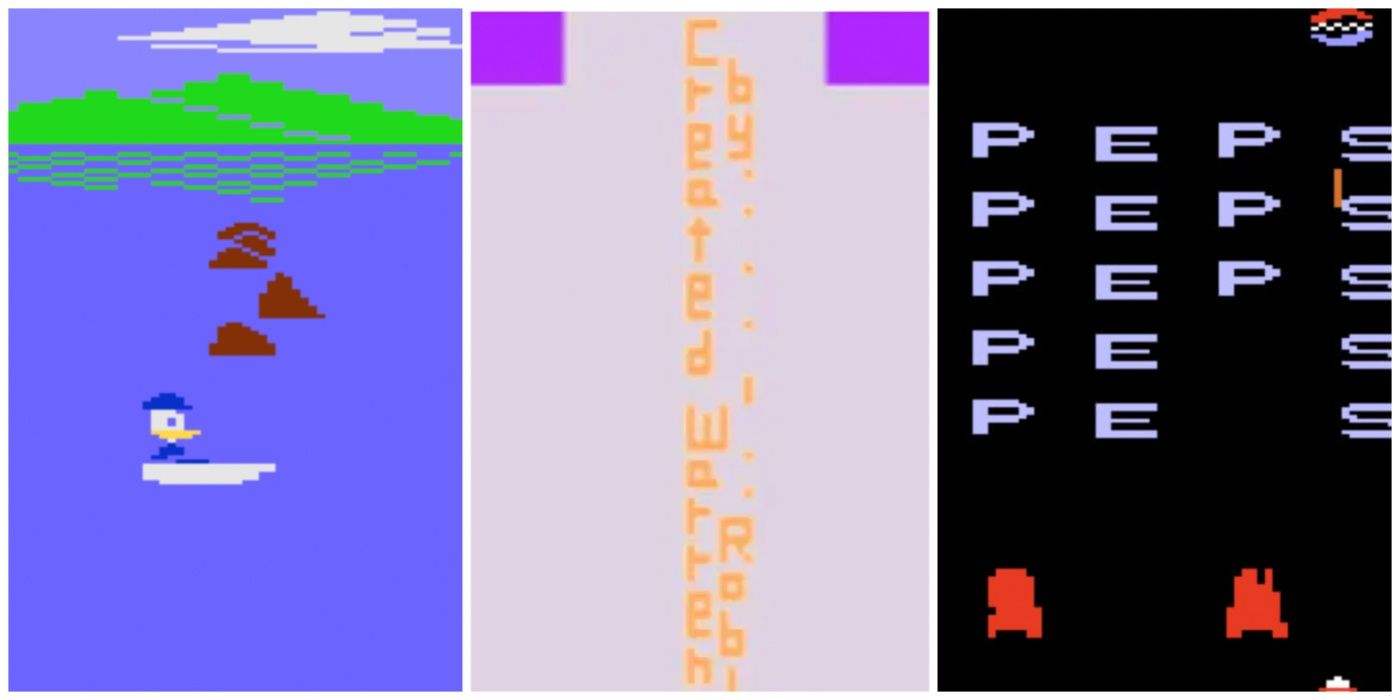 A split image of Donald Duck's Speedboat, Adventure Easter Egg, and Pepsi Invaders for Atari 2600