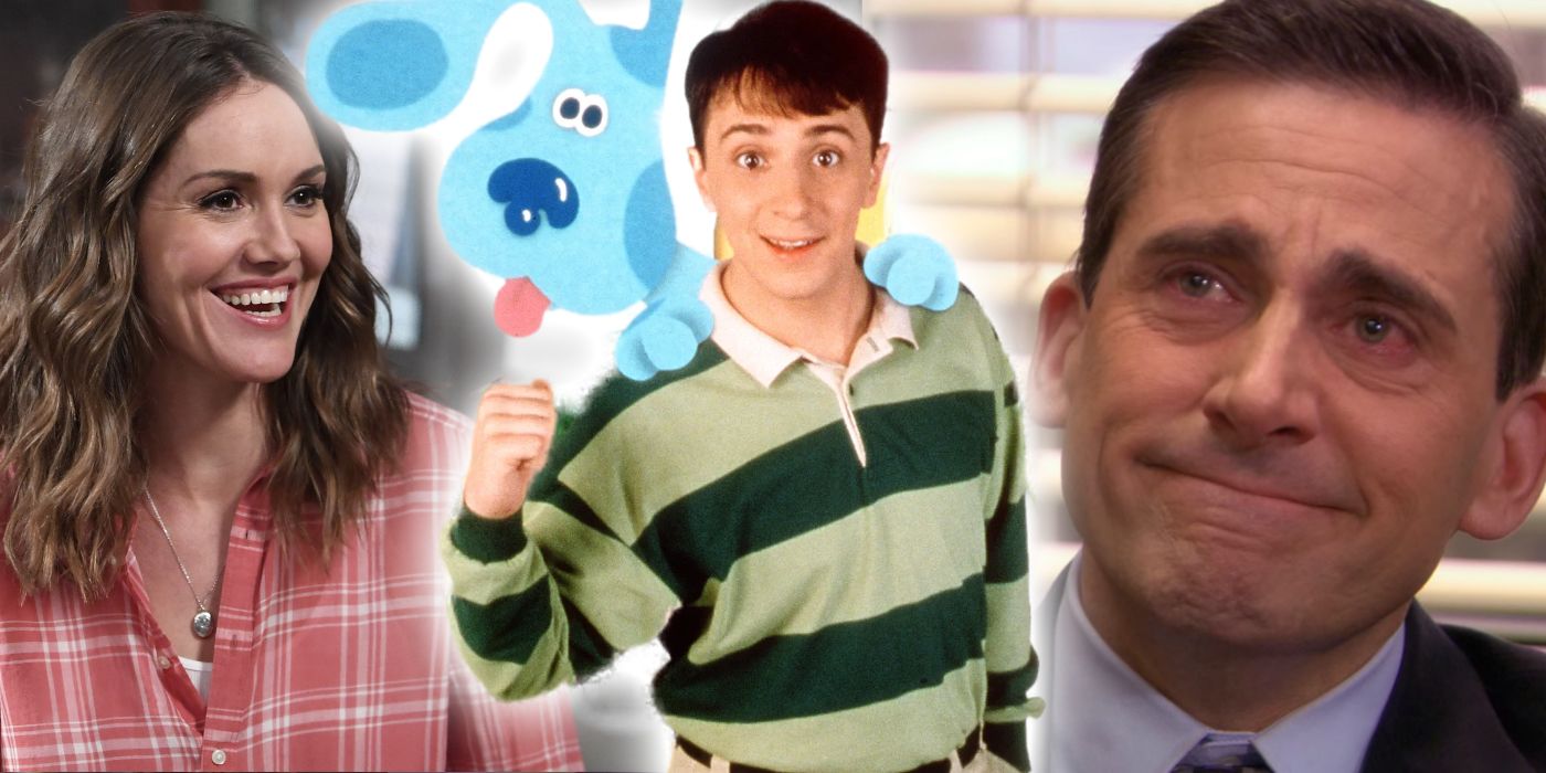 A split image of Donna Gable from Kevin Can wait Steve from Blues Clues and Michael Scott from the Office