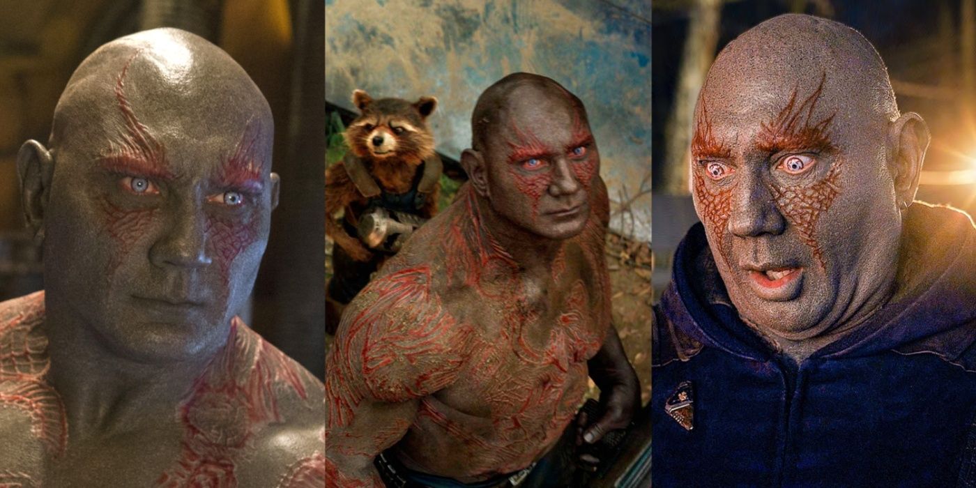 A split image of Drax the Destroyer in Guardians Of The Galaxy Vol. 3, Vol. 2, and the Holiday Special 