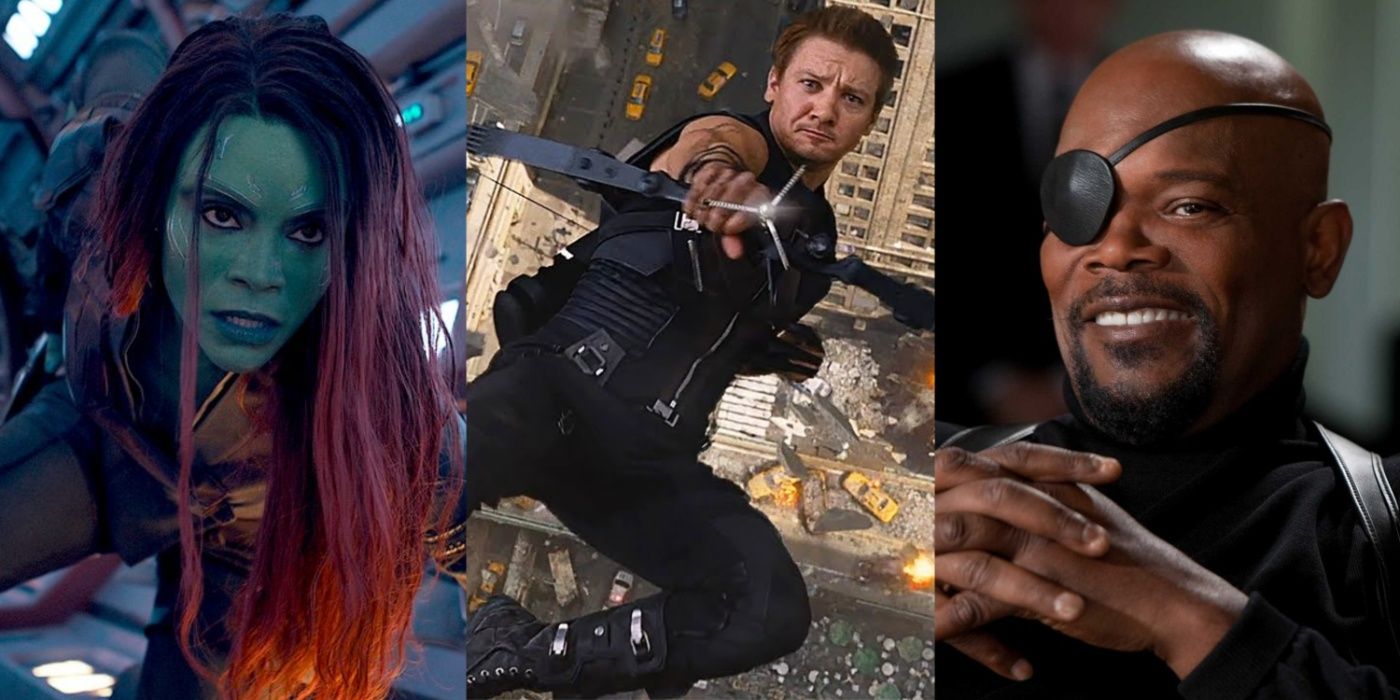 A split image of Gamora, Hawkeye:Clint Barton, and Nick Fury in various MCU movies