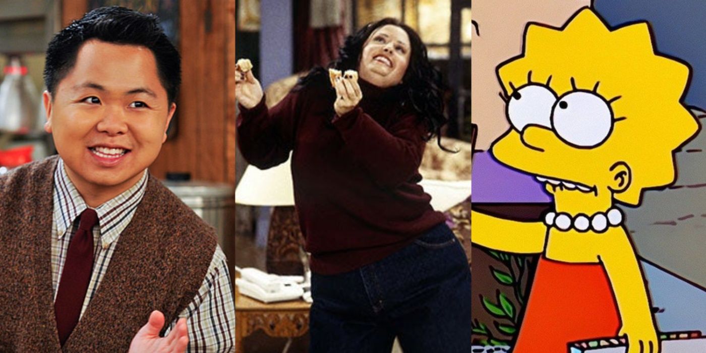A split image of Han in 2 Broke Girls, Monica in Friends, and Lisa in The Simpsons