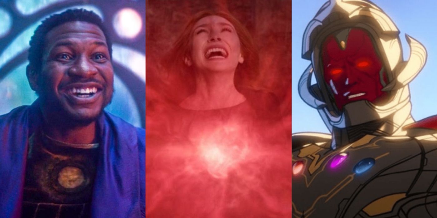 A split image of He Who Remains in Loki, Wanda in WandaVision, and Ultron in What If...?