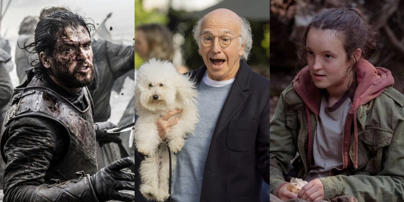A split image of Jon Snow from GOT, Larry from Curb Your Enthusiasm, and Ellie in HBO's The Last of Us