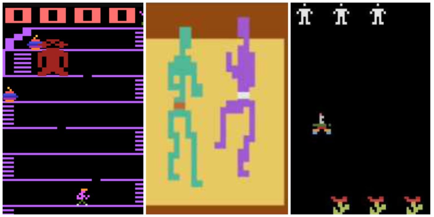 A split image of King Kong, Karate, and Fire Fly for Atari 2600