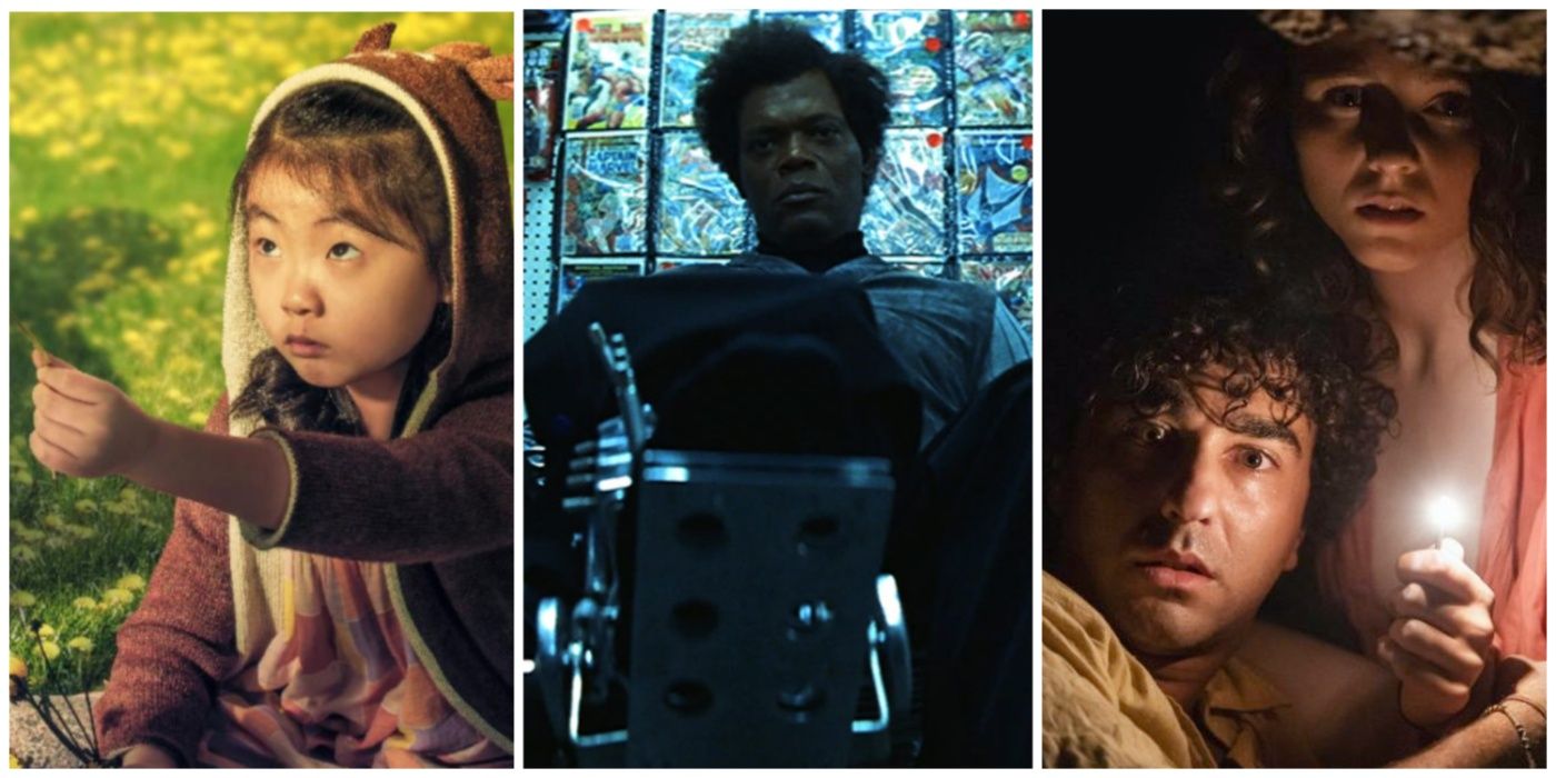 A split image of Knock at the Cabin, Unbreakable, and Old from M Night Shyamalan