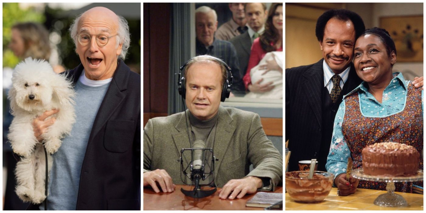 A split image of Larry from Curb Your Enthusiasm, Frasier Crane from Frasier, and George Jefferson from The Jeffersons