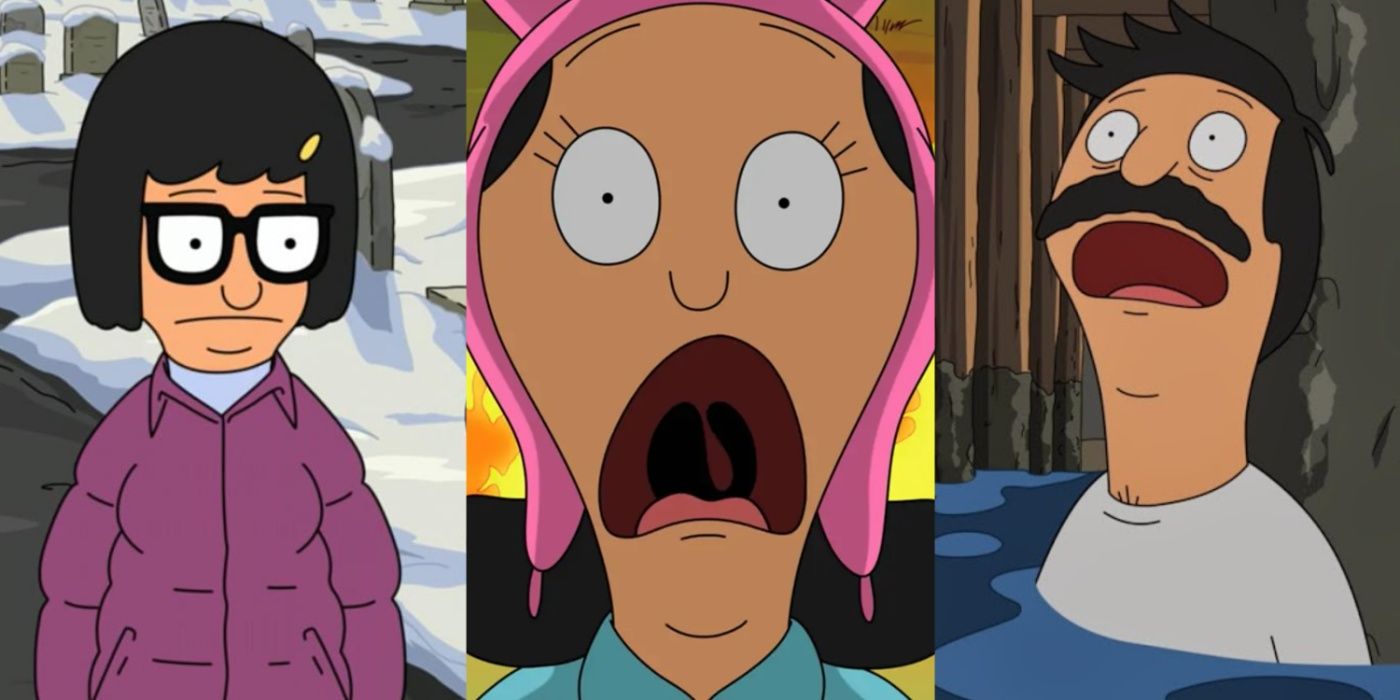 A split image of Linda, Louise, and Bob Belcher in Bob's Burgers
