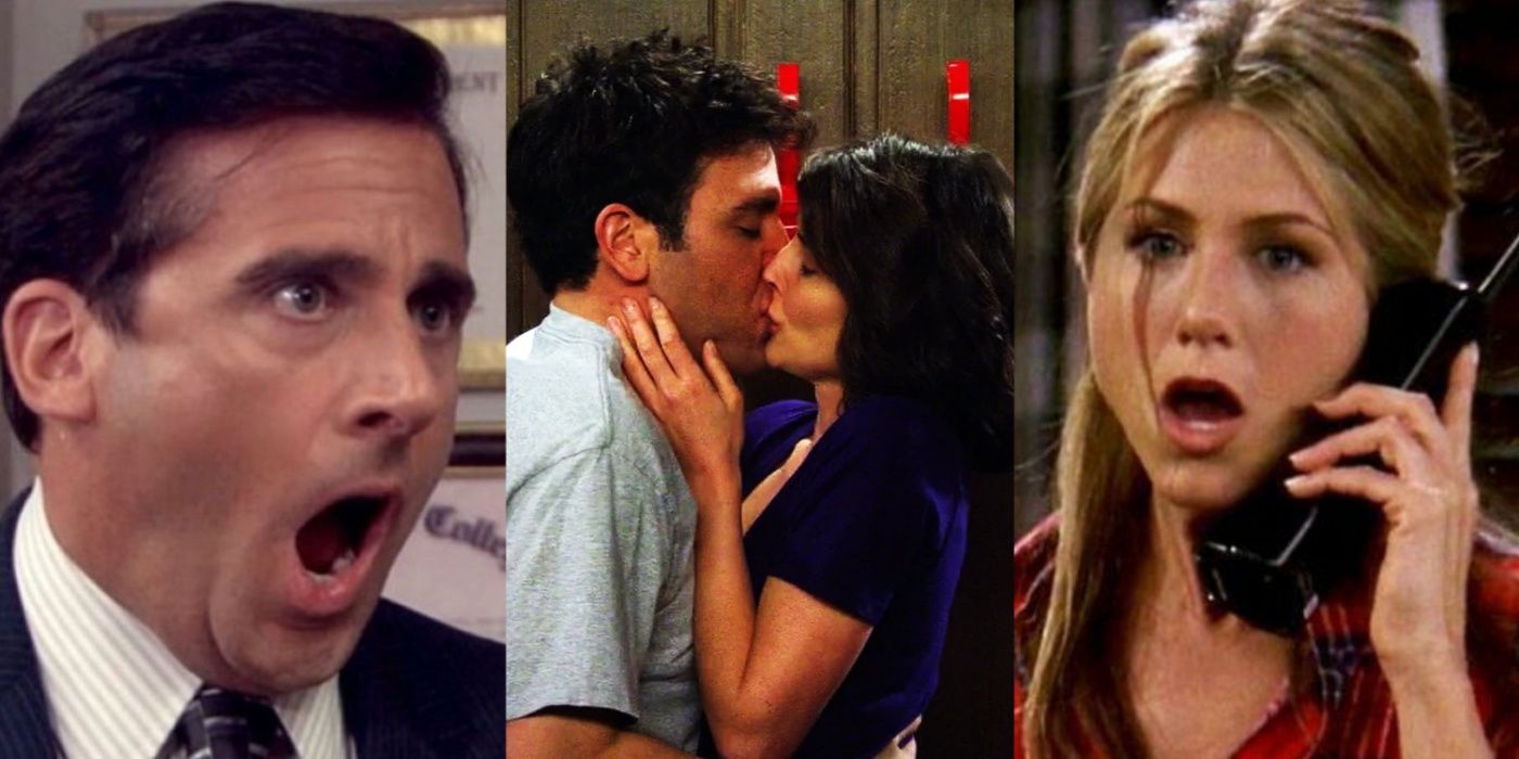 A split image of Michael Scott in The Office, Ted & Robin in HIMYM, and Rachel in Friends