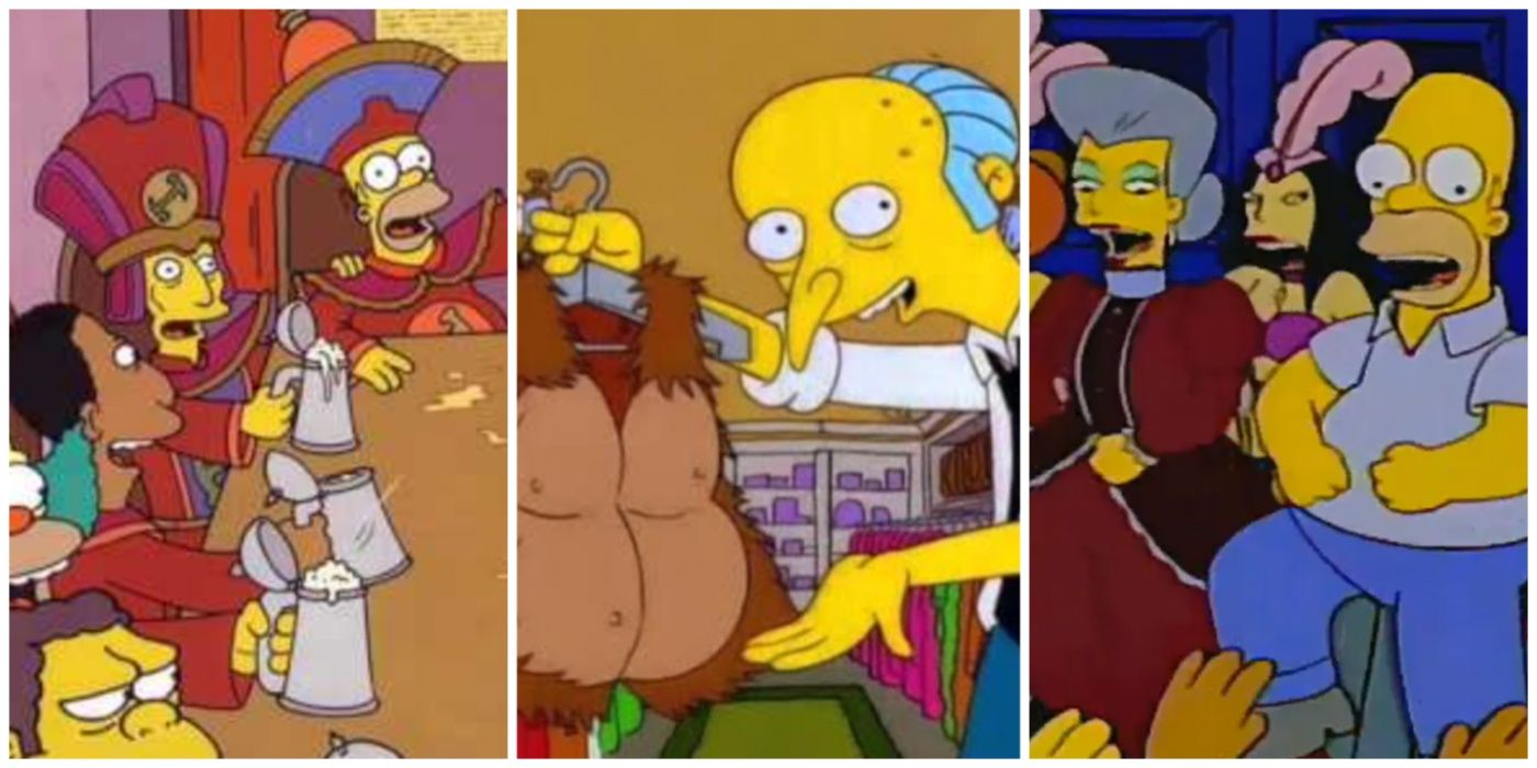 A split image of musical sequences with Stonecutters, Mr Burns, and burlesque house in The Simpsons