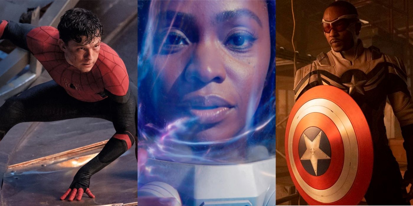 A split image of Peter Parker:Spider-Man, Monica Rambeau, and Sam Wilson:Captain America in various MCU movies