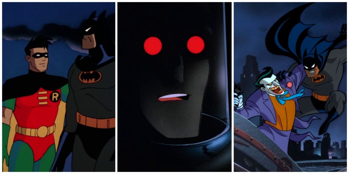 A split image of Robin, Mr Freeze, and the Joker from Batman The Animated Series