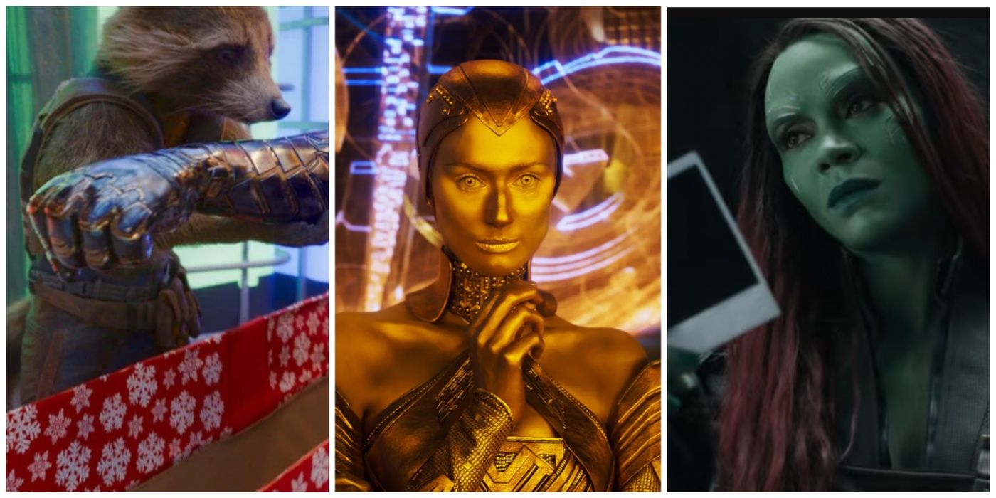 A split image of Rocket with Bucky's arm, the Sovereign, and Gamora from Guardians Of The Galaxy Vol 3