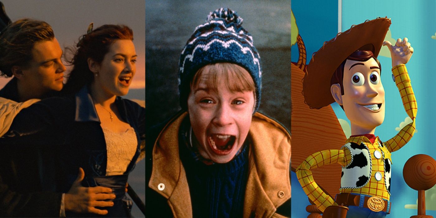 A split image of Rose and Jack in Titanic, Kevin in Home Alone, and Woody in Toy Story