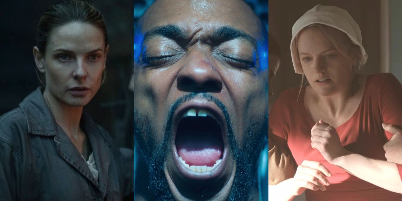 A split image of scenes from Silo, Altered Carbon, and The Handmaid's Tale