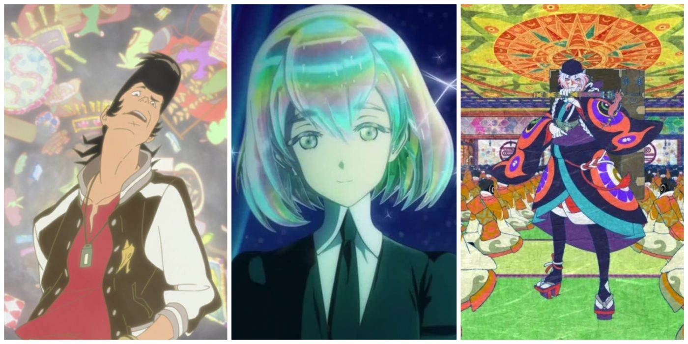 A split image of Space Dandy, Mononoke, and Land of the Lustrous anime.