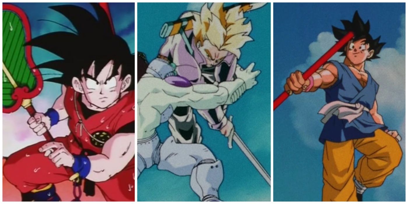 A split image of Bansho Fan, Future Trunks' Sword, and Goku's Power Pole from Dragon Ball