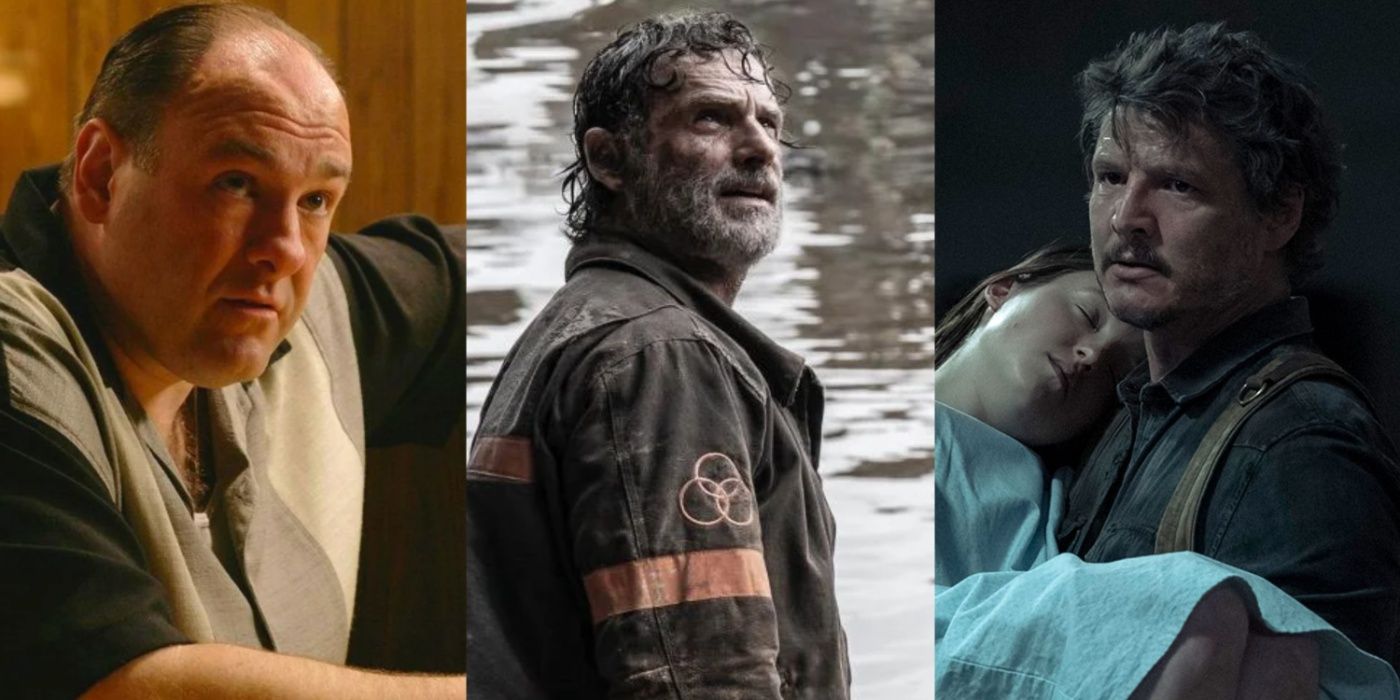 A split image of the finales of The Sopranos, The Walking Dead, and The Last of Us
