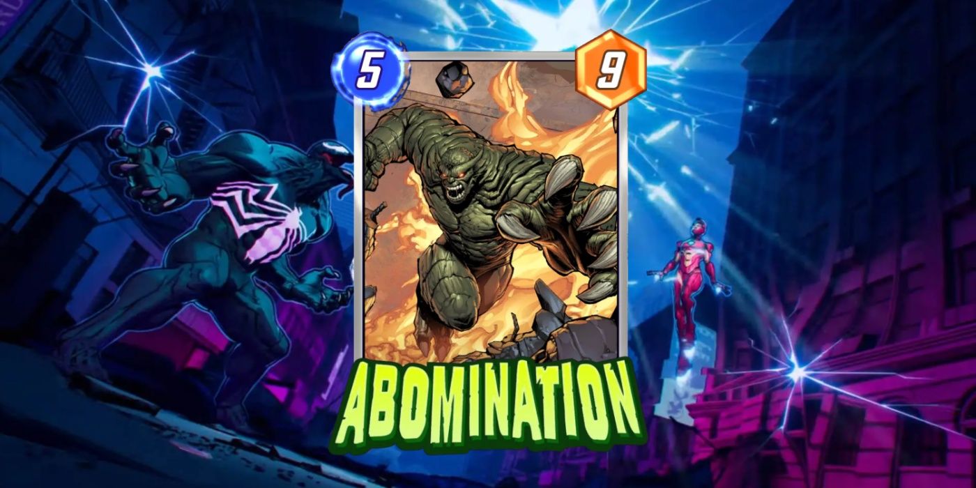 Cartão Marvel Snap do Abomination contra o fundo da arte promocional.