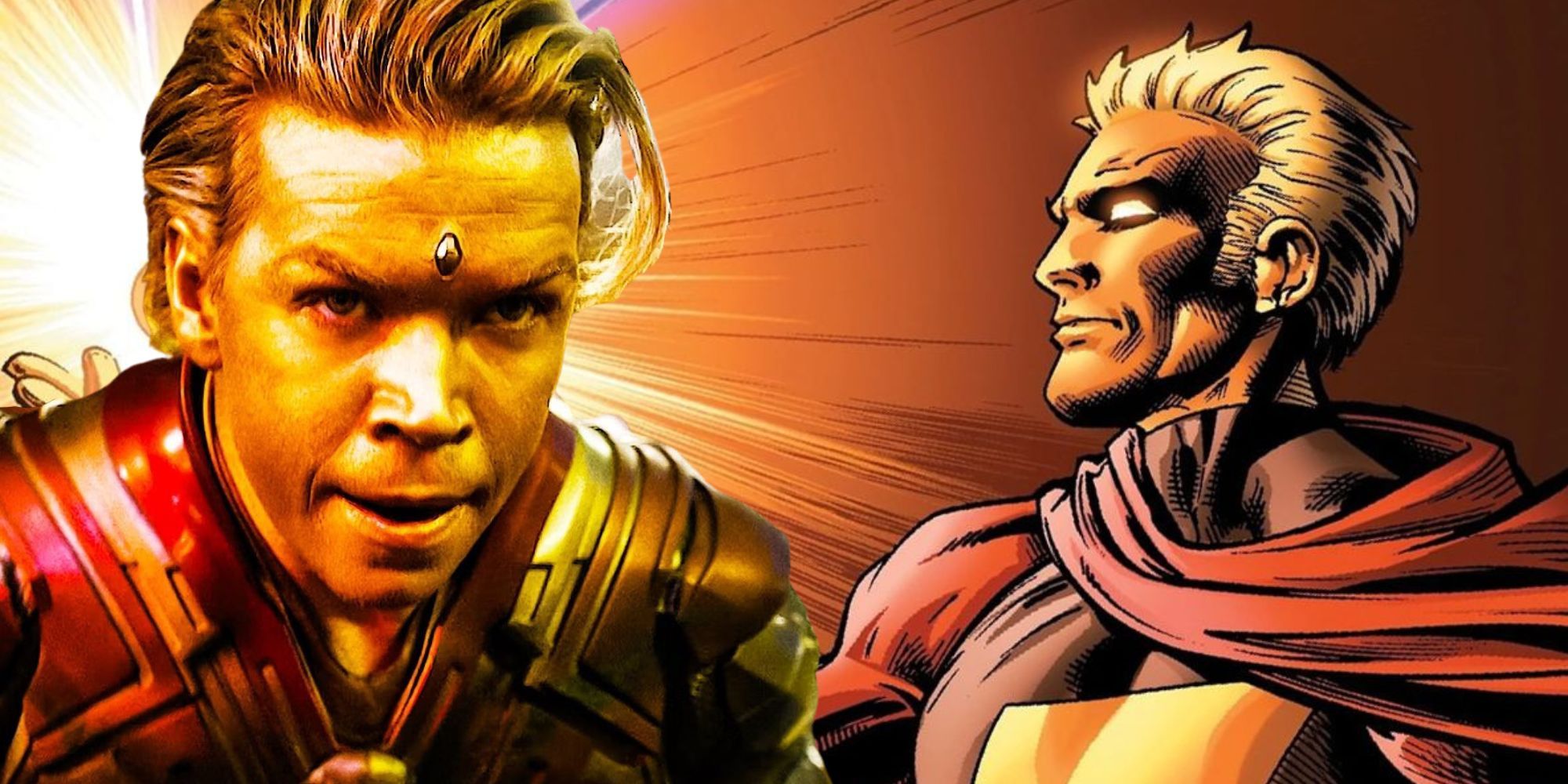 split image: Adam Warlock from Guardians of the Galaxy Vol. 3 and Marvel Comics