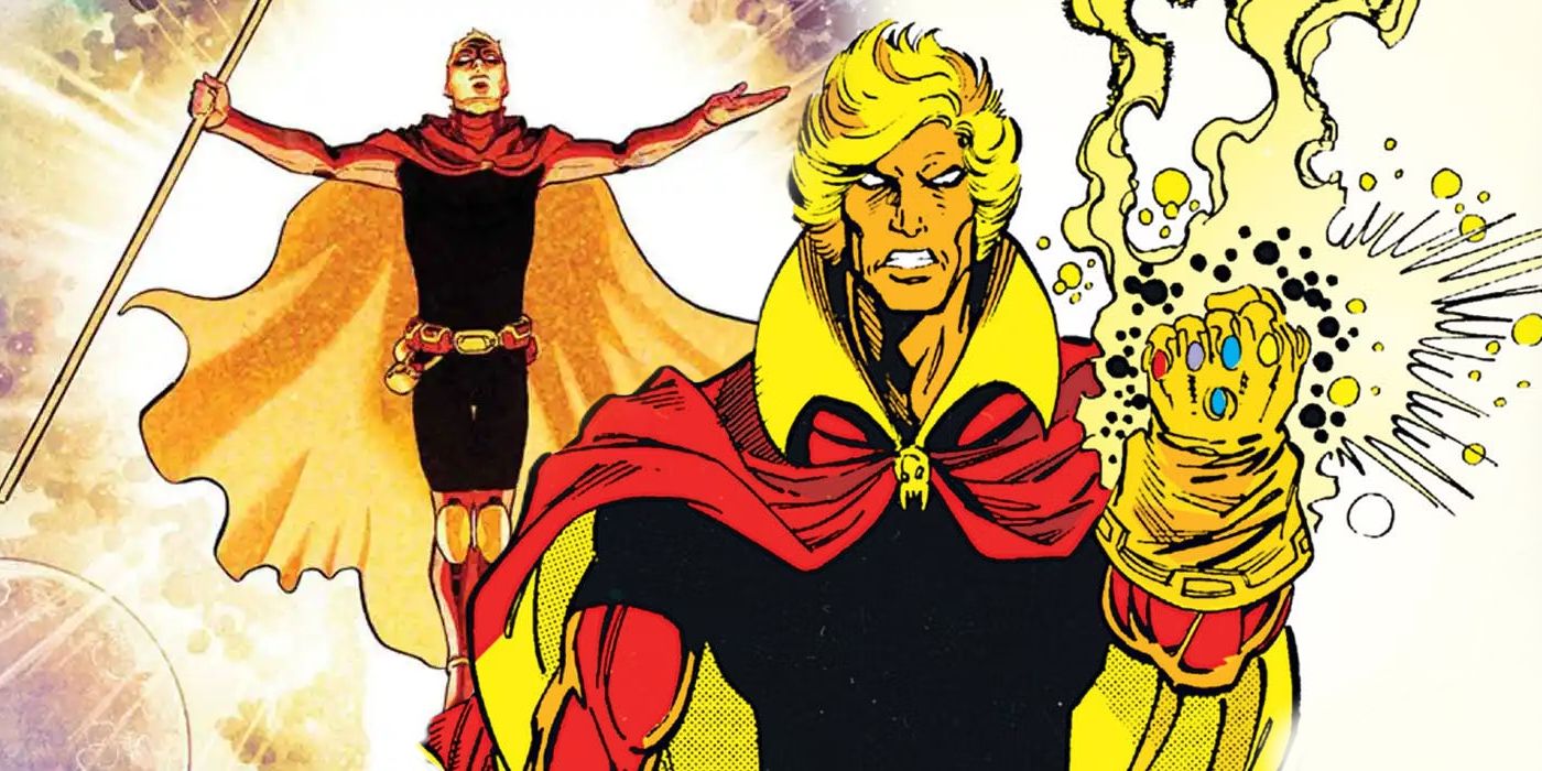 Split Image: Adam Warlock bathed in cosmic energy; Adam Warlock wielding the Infinity Gauntlet in Marvel Comics