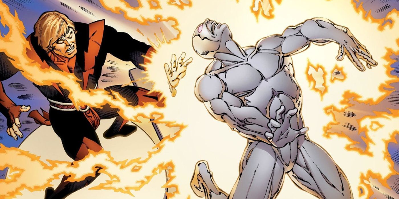 Adam Warlock shocking Silver Surfer with his quantum magic in Marvel Comics.