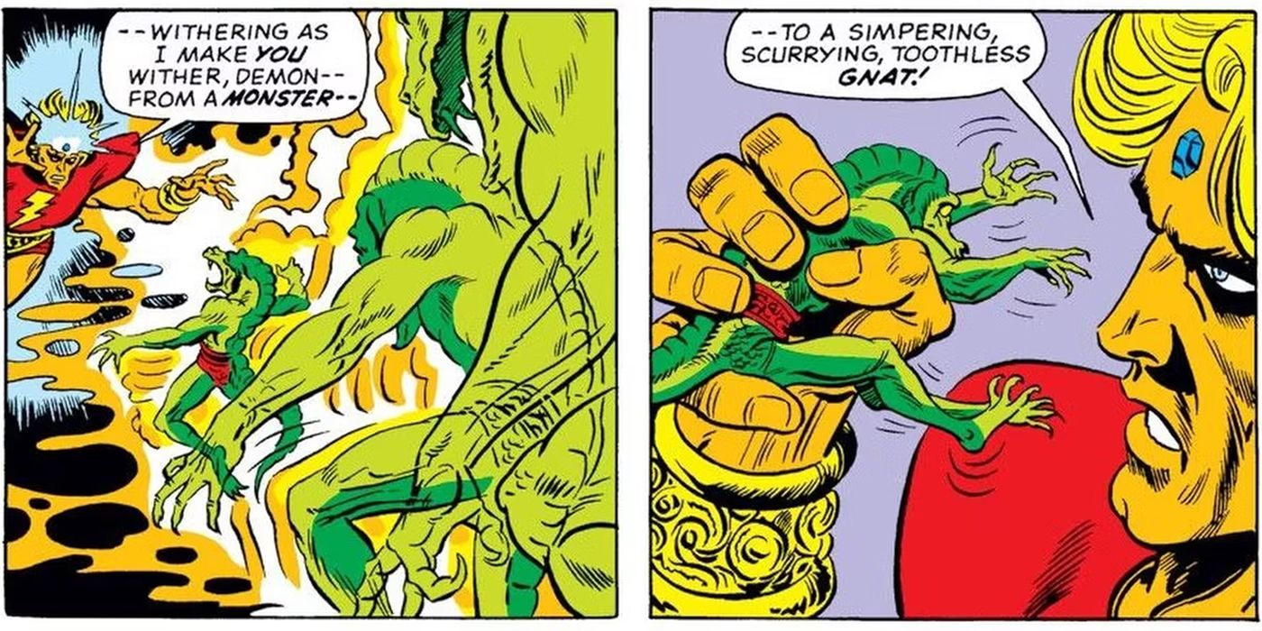 Adam Warlock shrinking a monster down to a lizard in a panel from Marvel Comics