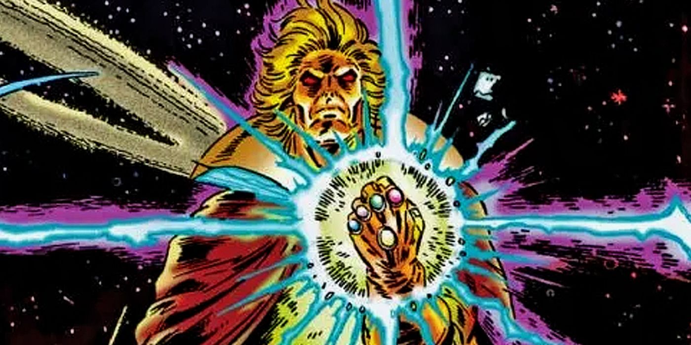 Adam Warlock using the powers of the Infinity Gauntlet.