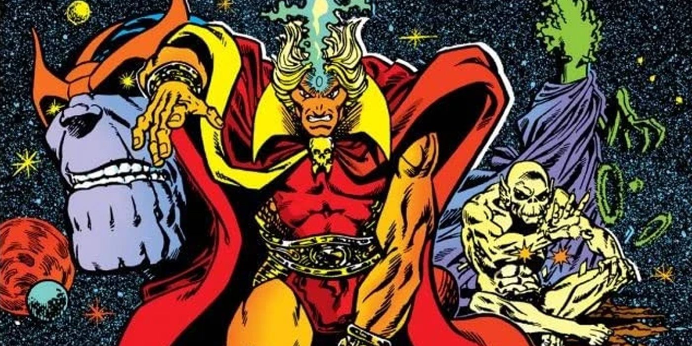 Adam Warlock with Thanos and other cosmic Marvel characters behind him.