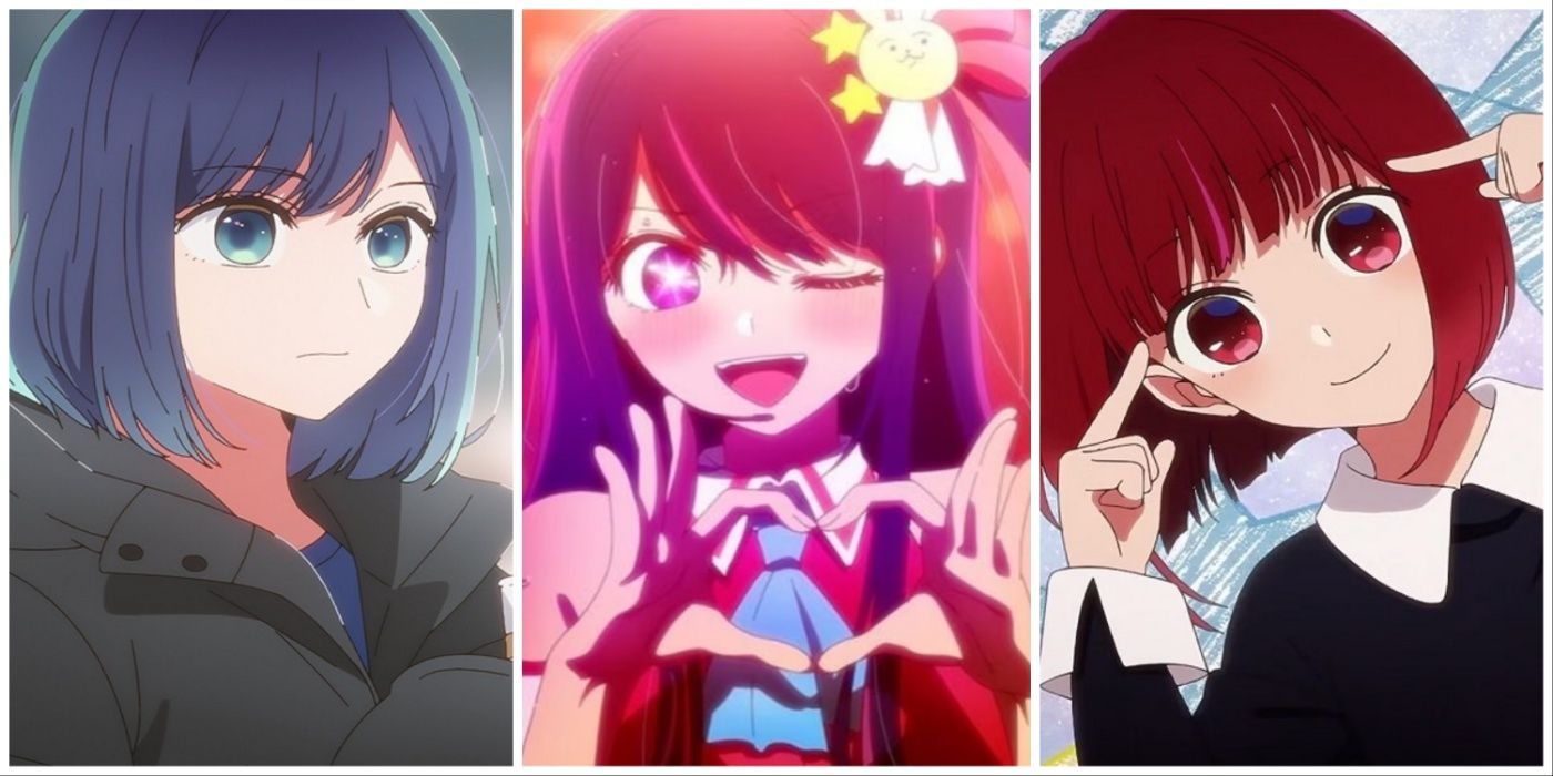 Akane, Ai, and Kana from the Oshi No Ko Anime split image.