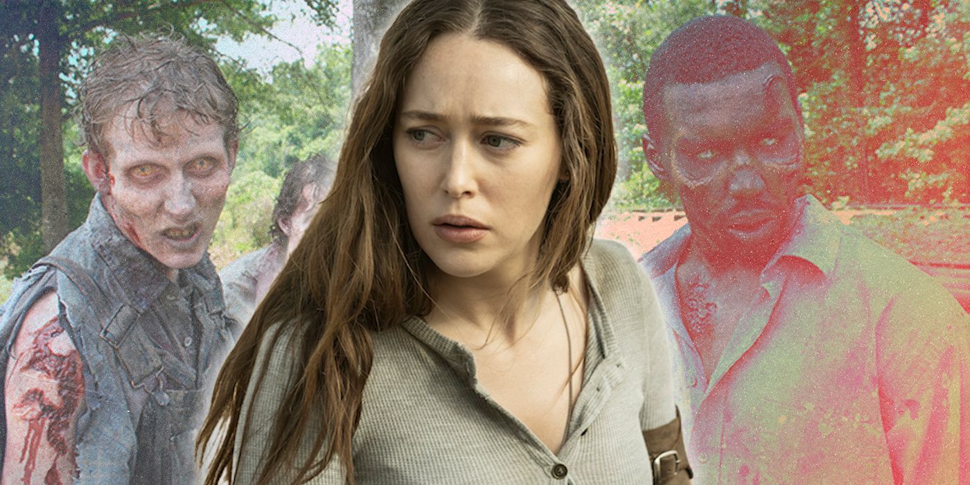 alicia clark olive shirt in front of fear the walking dead zombies