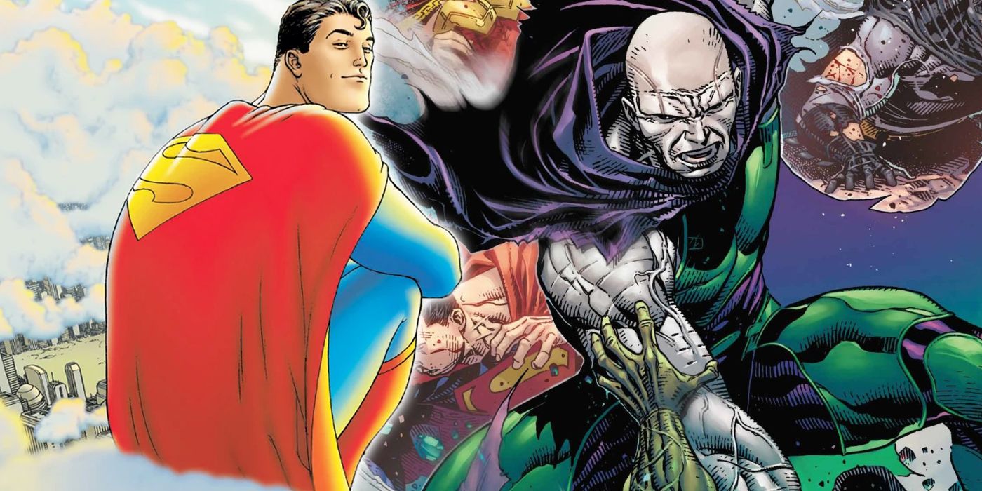 Clark Kent from All-Star Superman sits on a cloud beside Apex Lex, a superpowered Lex Luthor.