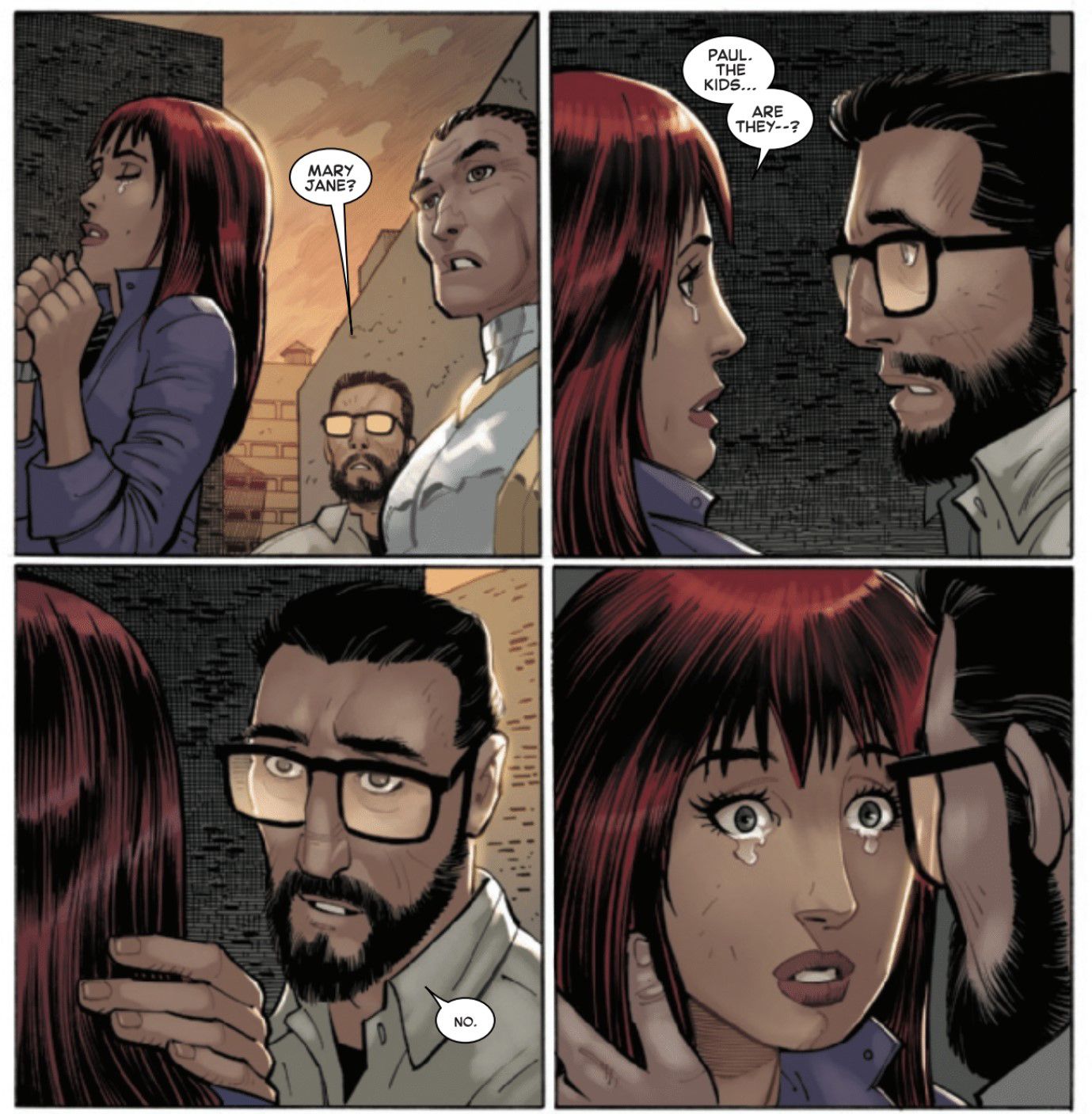 Mary Jane Watson's boyfriend, Paul, reveals to her that their adopted children no longer exist.