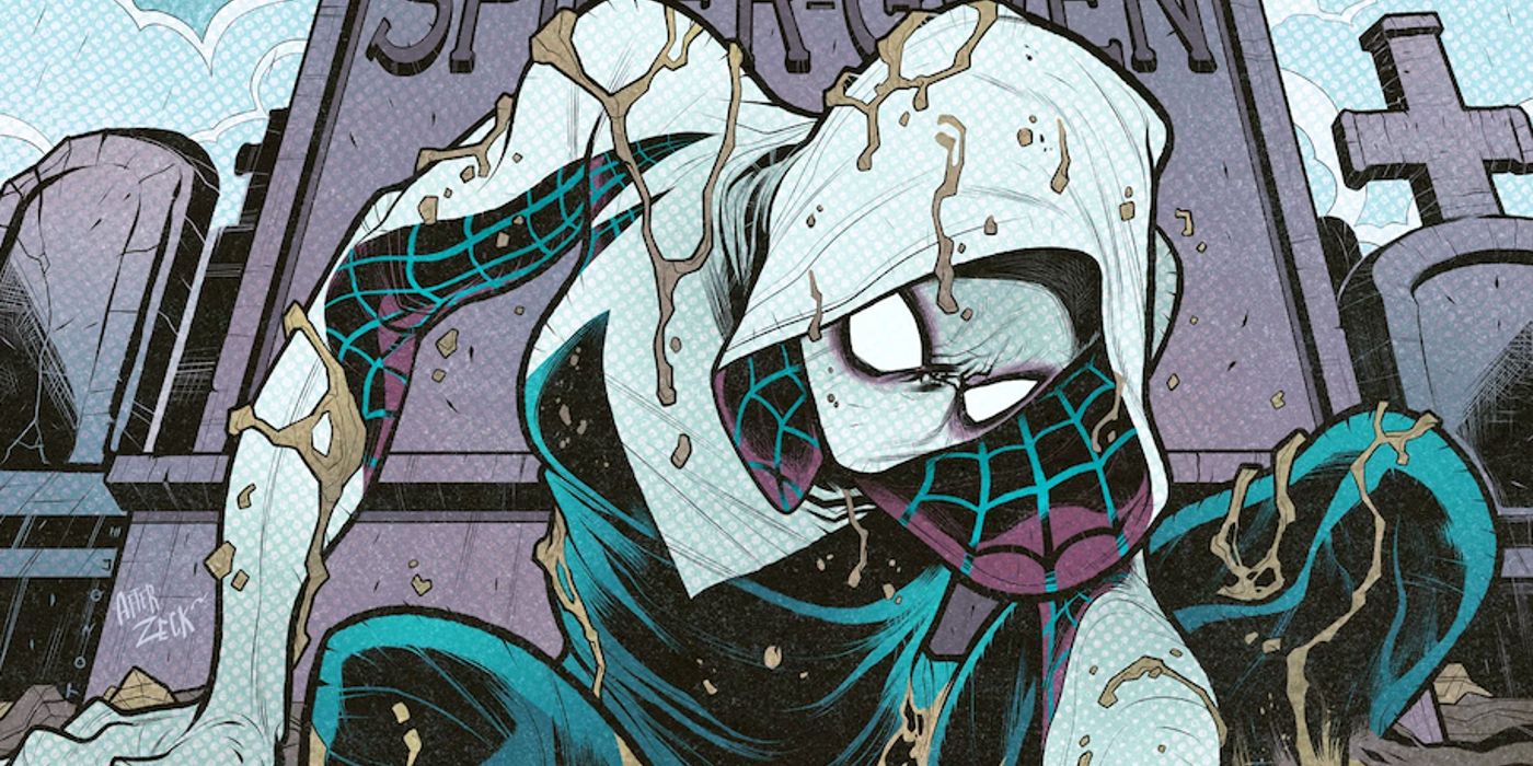 spider-gwen crawling out of her grave on the cover of amazing spider-man #32