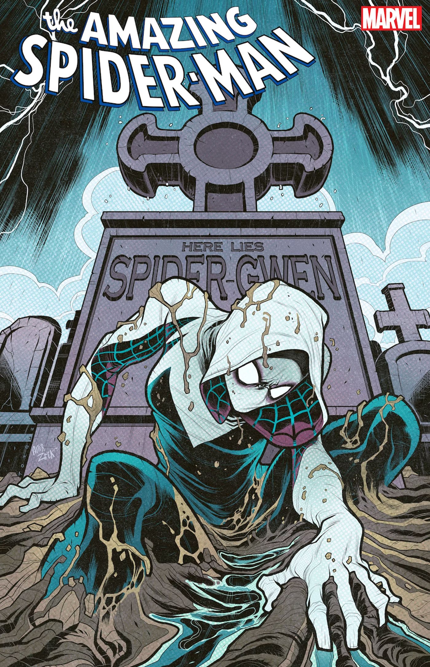 gwen stacy crawling out of her own grave in an homage to Kraven's Last Hunt
