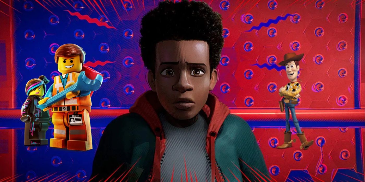 LEGO Movie characters, Woody from Toy Story, Miles Morales from Spider-Man: Into The Spider-Verse.
