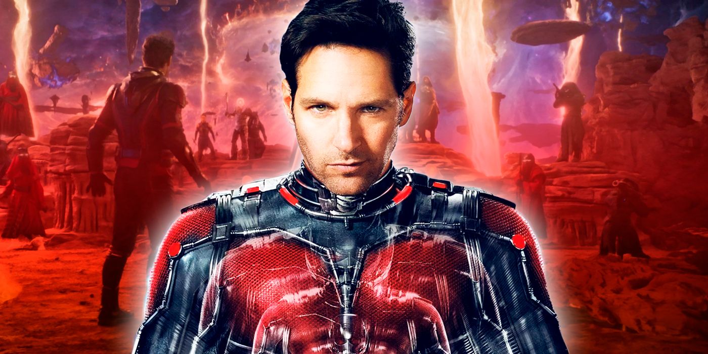 Paul Rudd's Scott Lang with an image from Quantumania in the background 