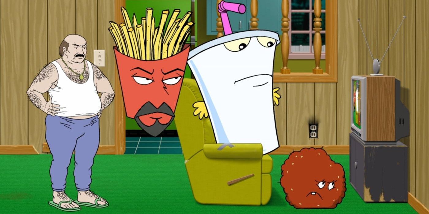 Carl, Frylock, Shake, and Meatwad from Aqua Teen Hunger Force watching TV.