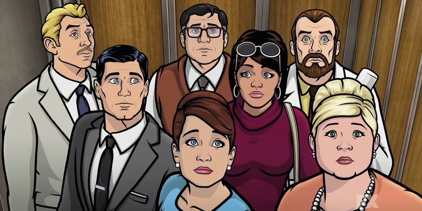 The main cast of Archer all look at a camera in an elevator.