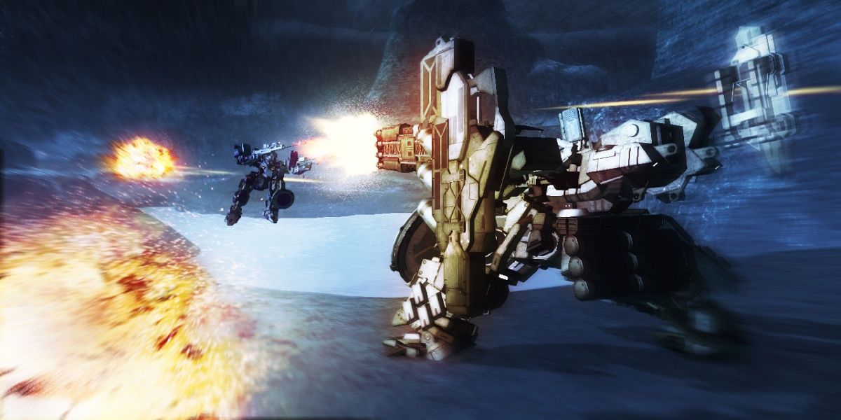 Dois mechs disparando rajadas de fogo um no outro em Armored Core 5