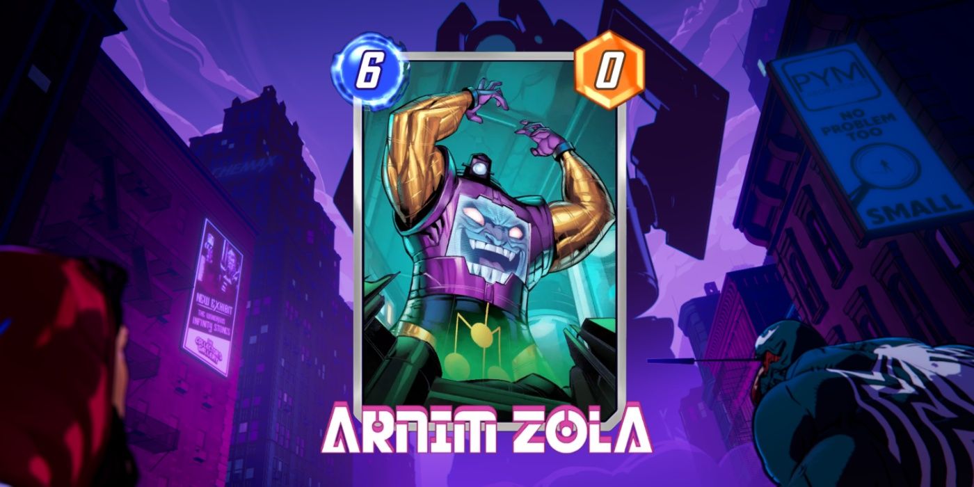 Cartão de Arnim Zola contra arte promocional no Marvel Snap.